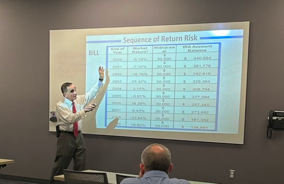 Paul Ferraresi instructing the audience on the Sequence of Return Risk during a Social Security Class for retirement.